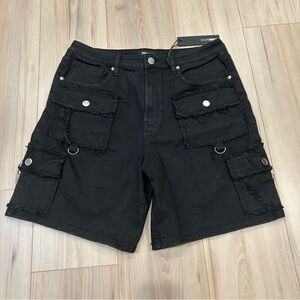 Nova Men Distressed Black Denim Cargo Shorts